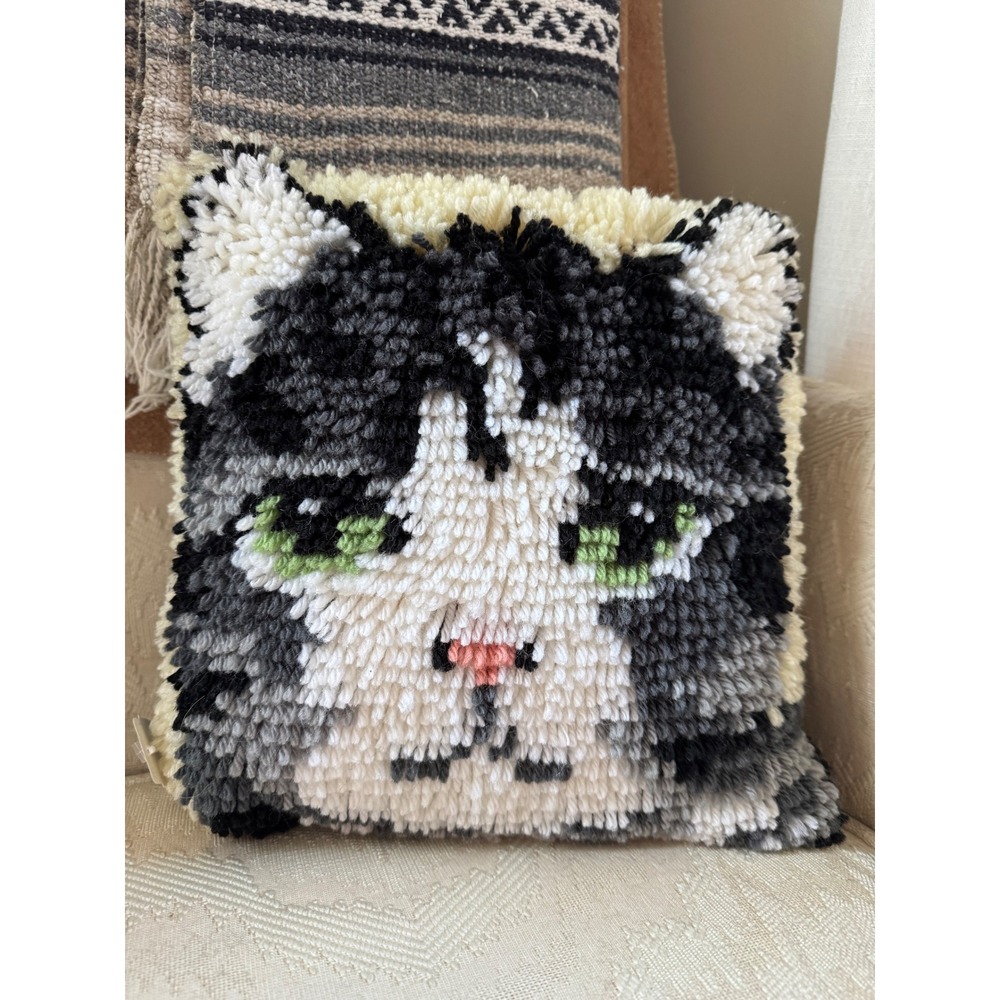 Vintage Latch Hook Cat Pillow Grey White Tabby Shag Plush Decorative Accent